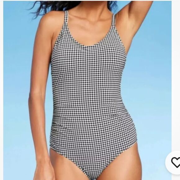 Kona Sol One Piece Black and White Gingham Swimsuit with ruching on the sides-M - Picture 4 of 16